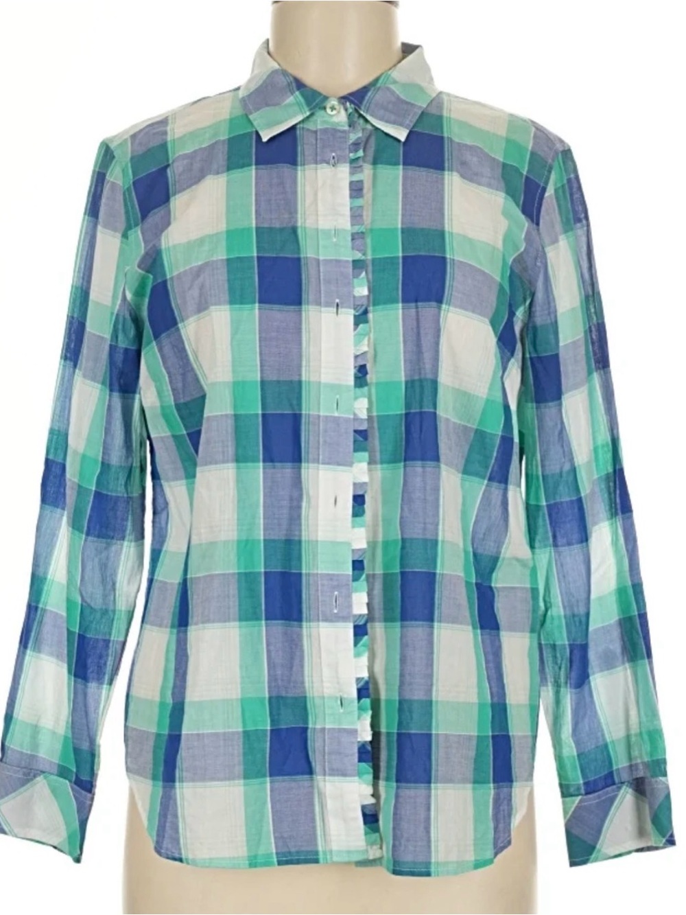 Talbots Cotton blue and green plaid button front shirt